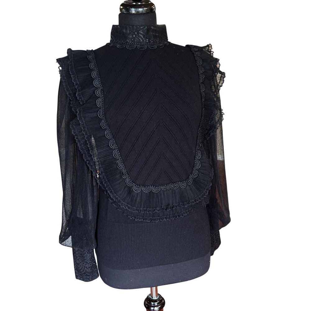 Alberto Makali Black Lace Victorian Blouse M Sheer Puff Sleeve Gothic Romantic